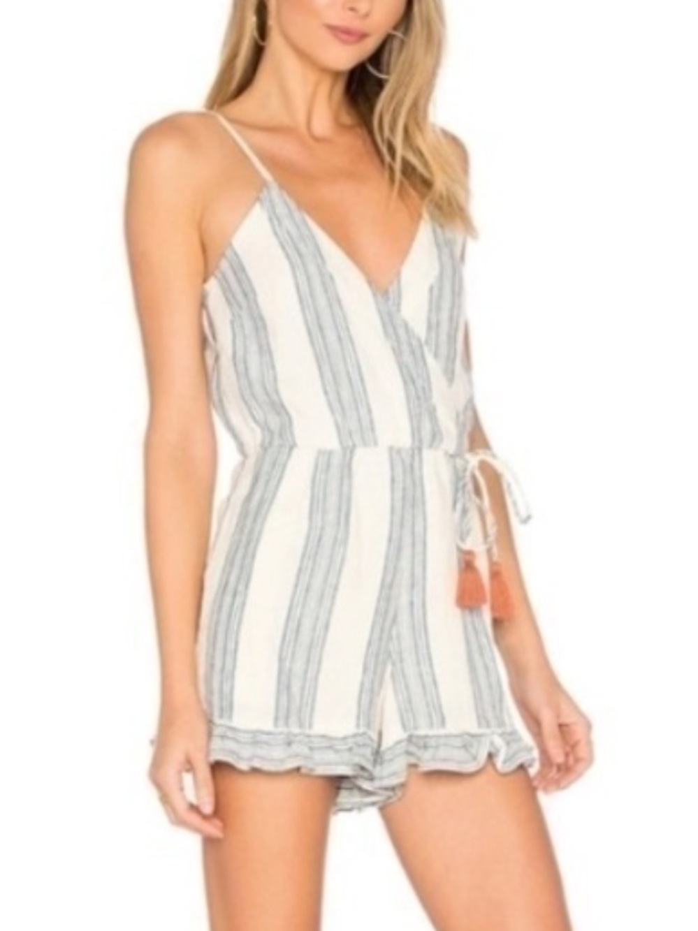Tularosa Revolve Blue Stripe Tassel Tie Open Back Romper Ruffle Hem Coastal S